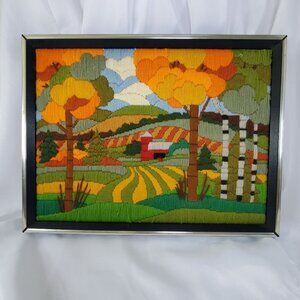 VTG 1970's Crewel Country Autumn Fall farm Scene Picture Framed Art 17”X13”